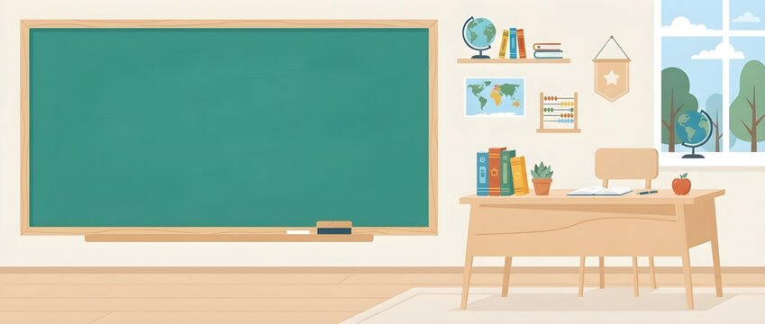 Empty modern classroom interior with a large green chalkboard, teacher desk, chair, shelves with books and globes, map, and a bright window.