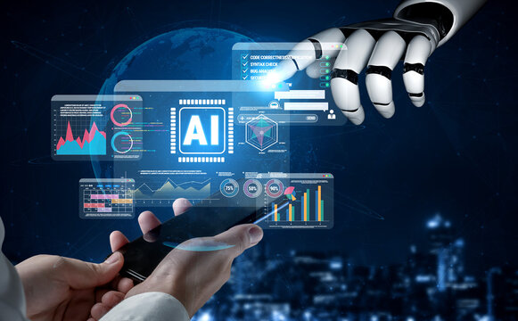 Futuristic Concept of Artificial Intelligence and Human Interaction with Data Visualization and Robot Hand over Smartphone in Evening Cityscape Quark.