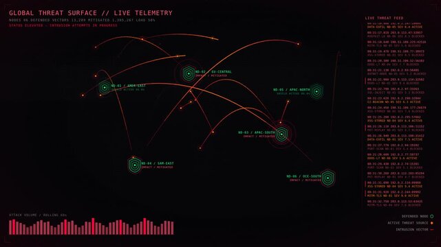 Visualize global cybersecurity threats with dynamic attack paths and network intrusions on a dark canvas, showcasing vibrant arcs and pulsing nodes in a terminal aesthetic.