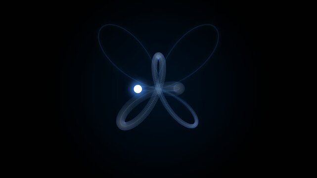 Radiant blue light orb traces elegant symmetrical butterfly patterns through dark void creating mesmerizing hypnotic motion video animation loop art sequence