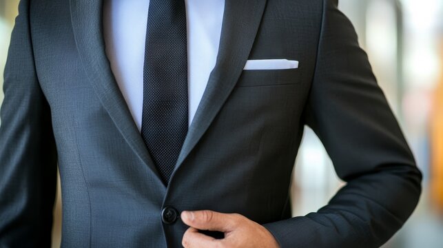 A person in a sharp, dark suit adjusts their jacket with one hand, exuding professionalism