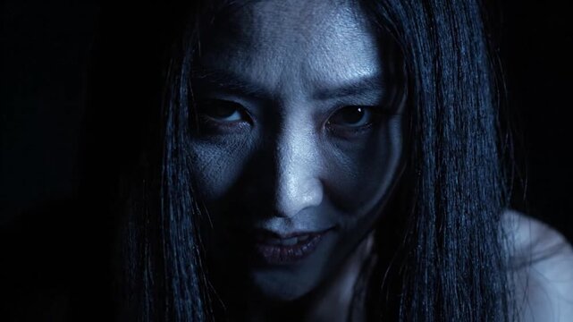 Scary Ghost Woman Staring Creepily into Camera in Dark Room. 4K Video