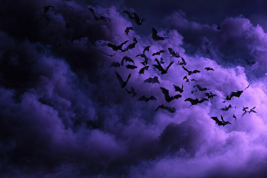 Flying bats in deep purple fog create mysterious and eerie Halloween atmosphere with dark clouds rolling across night sky