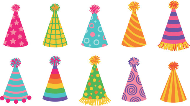 Colorful birthday party hats vector set featuring festive paper cones with stars, stripes, polka dots, rainbows, and fluffy pompons isolated on white background.