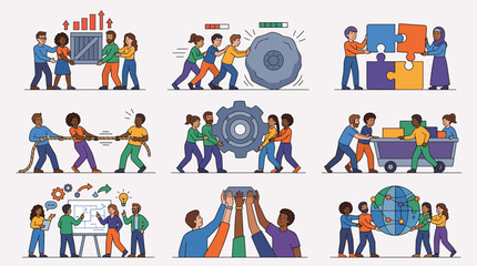 Fototapeta premium Diverse teams collaborate on projects, moving cargo, solving puzzles, and building a global network.