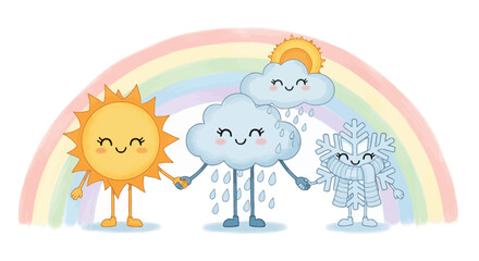 Obraz premium Cute weather characters holding hands with a rainbow background