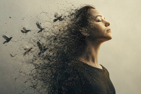 AI generated surreal woman dissolving into flying birds dark flowing particles warm golden light representing freedom transformation release inner peace