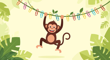 Fototapeta premium Happy cartoon monkey swinging on a vine decorated with paperclips