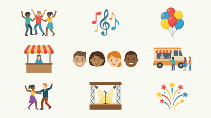 Fototapeta premium Flat design icon set for local event celebration, including people dancing, food truck, and fireworks