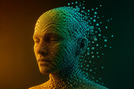 AI generated human head built from tiny cubes dissolving into floating particles golden teal lighting creating futuristic digital transformation concept