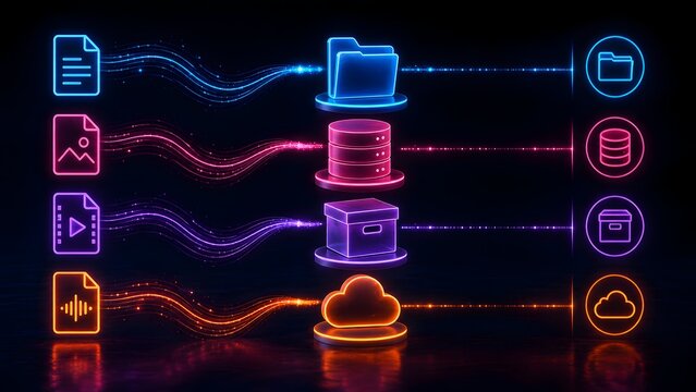 Digital data migration process with glowing multimedia icons transferring into cloud storage and database servers
