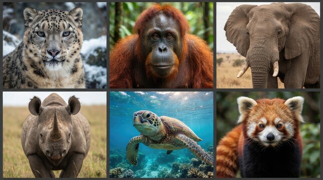 Rare and endangered species portrait collage for environmental protection awareness
