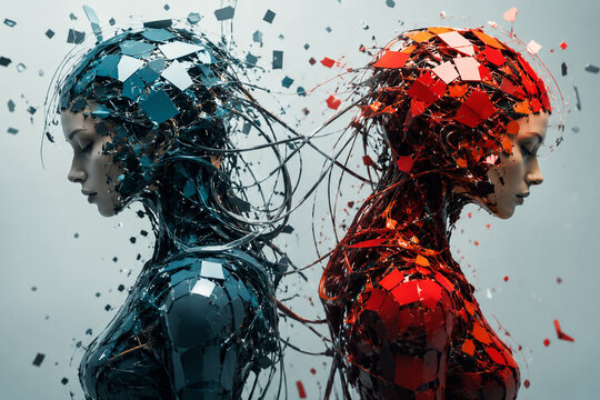 AI generated two futuristic female cyborgs blue red fragmented armor connected by flowing cables symbolizing artificial intelligence duality technology digital minds