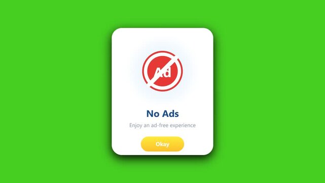 No Ads Popup Notification UI Window on Green Screen for App Interface Animation