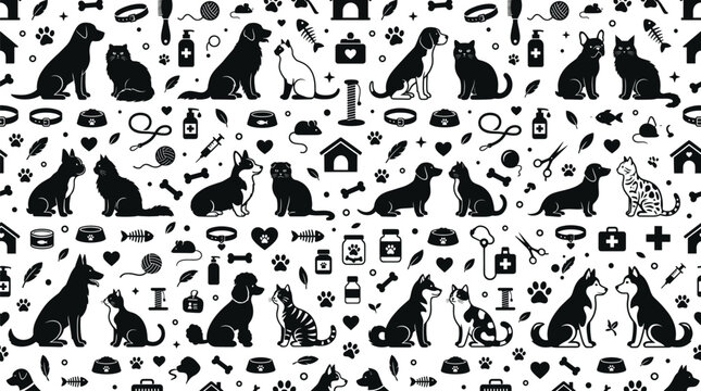 Seamless black and white pet pattern featuring dogs, cats, paw prints, bones, food bowls, toys, grooming, veterinary, and animal care symbols