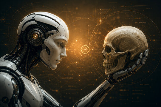 AI generated humanoid robot studying human skull glowing digital analysis interface symbolizing artificial intelligence humanity evolution science future technology