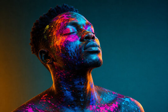 AI generated portrait of man covered vivid fluorescent body paint closed eyes raised face against dramatic teal amber background