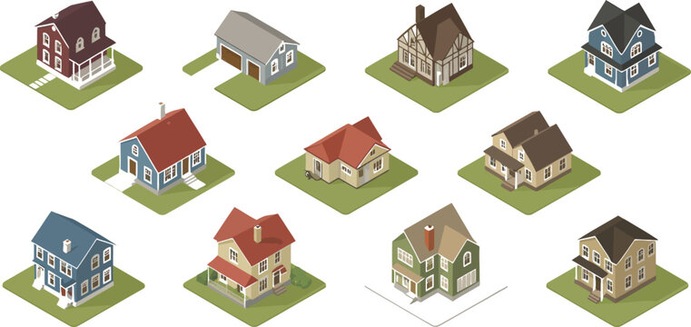 Set of isometric residential house colorful suburban homes with green lawns, 3d style buildings for map or game assets, isolated on a white background