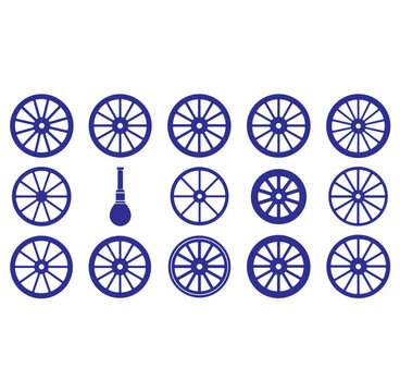 Pattern of blue silhouette icons featuring multiple wagon wheels and a single plumb bob isolated on a white background, for projects