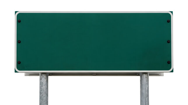 Blank green highway directional road sign with sturdy metal poles for text or logo placement, isolated on white background for easy editing and creative graphic design projects.