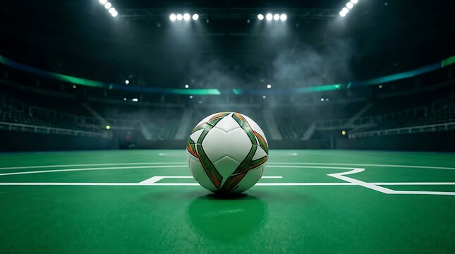 Professional soccer ball centered on a pristine green field under stadium lights, ready for a championship game