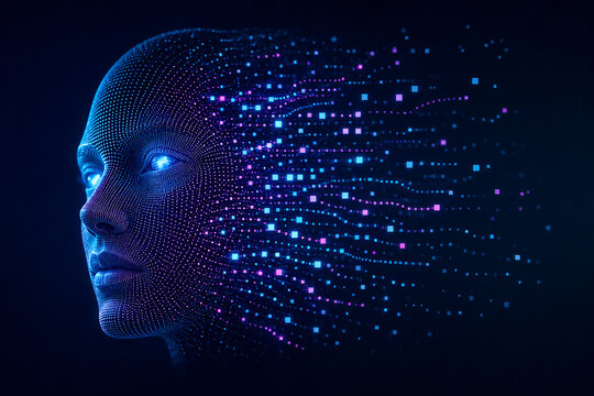 AI generated futuristic human face formed by glowing blue purple particles dissolving into flowing data streams representing artificial intelligence digital technology