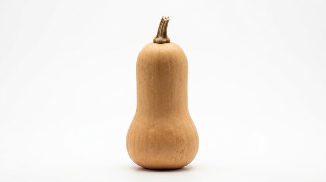 A single whole butternut squash standing upright against a clean and bright white background