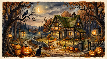 Fototapeta premium Halloween night background with skull and bones, haunted house, pumpkins, moon, spooky trees and dark autumn landscape, scary horror vector illustration for October holiday design