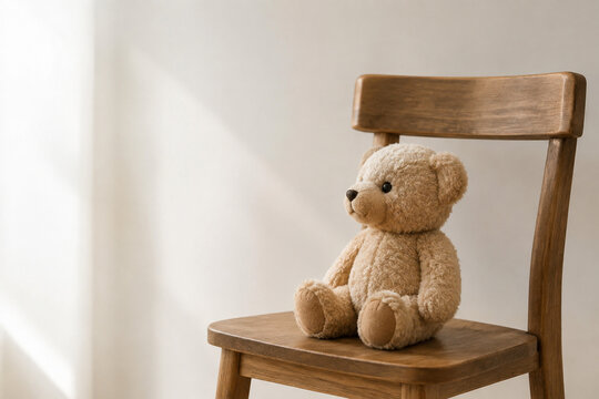 Teddy bear on wooden chair in soft daylight, nursery rhyme and learning concept