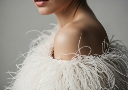 woman wearing a stylish black dress with white ostrich feathers on her shoulders