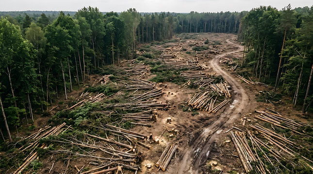 Aerial view of deforested landscape with logging debris.