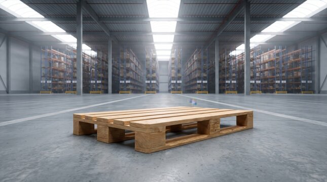 Empty wooden pallet on concrete floor in large warehouse interior