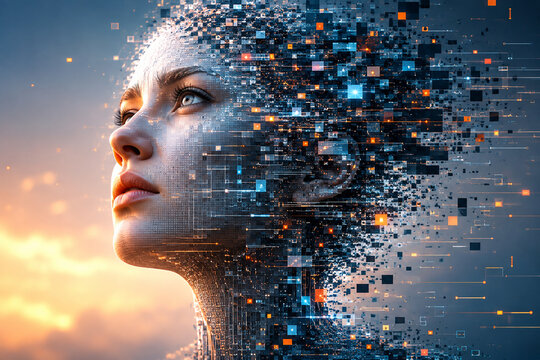AI generated futuristic woman dissolving into glowing pixels digital fragments circuitry patterns representing artificial intelligence data transformation
