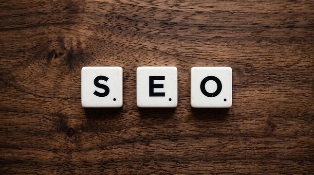 Three white letter tiles spelling out seo concept on rustic dark wooden background representing digital marketing strategy.