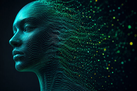 AI generated futuristic human face formed by glowing teal contour lines dissolving into flowing particles representing digital technology data networks transformation