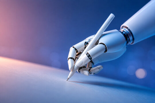 AI generated robotic hand writing stylus smooth surface symbolizing artificial intelligence automation digital creativity communication future technology