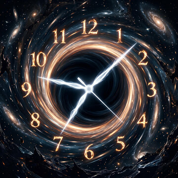 Cosmic Clock in Black Hole Vortex Time Travel Concept Universe Spiral