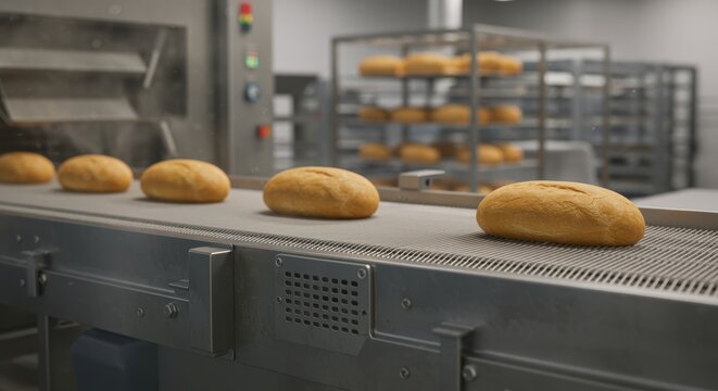 Bread loaves moving on conveyor belt in industrial bakery with metal racks