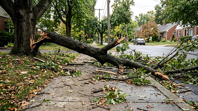 Fallen tree blocking residential street after storm.