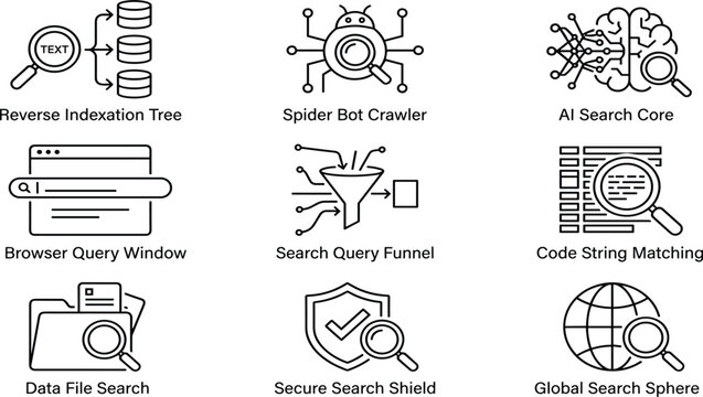 Search engine optimization and data indexing blue line icon set featuring web crawlers funnel queries regex code matching and database security audits