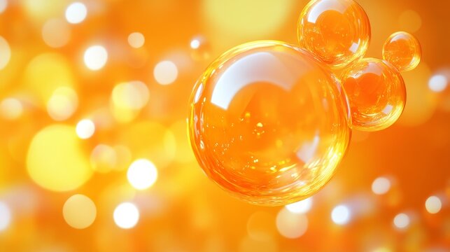 Shiny orange bubbles float amid glowing orbs on a bright background, creating a vibrant, dynamic scene