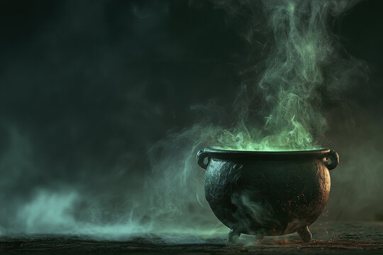 Halloween magic cauldron with glowing green potion and swirling smoke creating mysterious and eerie atmosphere
