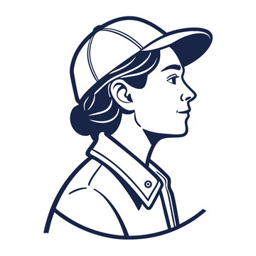 Minimalist side profile illustration of a young woman wearing a baseball cap with clean vector illustration cap collared jacket monochrome with expression