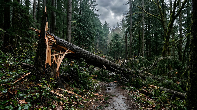 Fallen tree trunk in dense forest landscape.