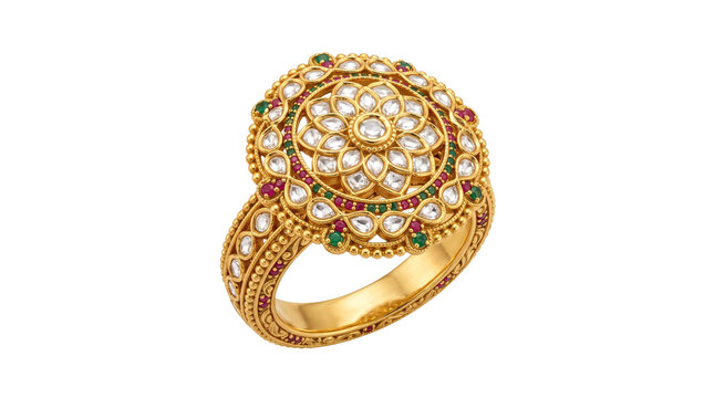 Vintage gold cocktail ring with floral diamond pattern. Antique Indian style jewelry with ruby and emerald accents. Ornate bridal gold ring. isolated PNG with Transparent Background