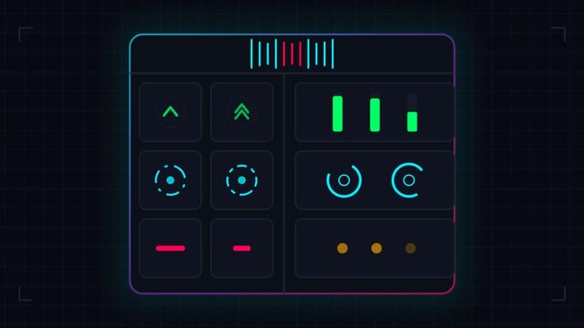 Animated futuristic HUD user interface control panel with moving digital data infographics, loading icons, and technical elements on a dark background