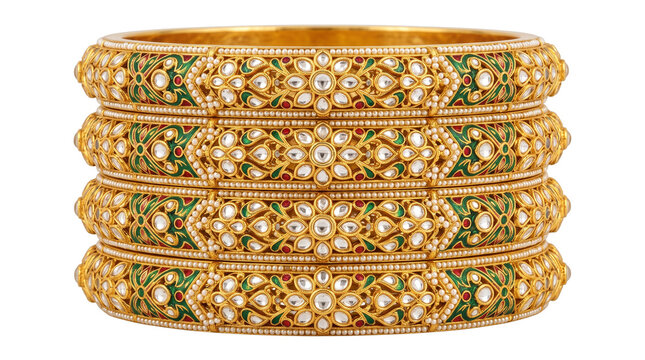Traditional Indian gold bangles with kundan work, set of four ornate bridal jewelry bracelets, luxury ethnic gold bangles with green and red enamel isolated PNG with Transparent Background