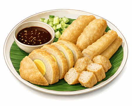 Illustration of traditional Palembang pempek, a savory fish cake served with distinctive sweet and sour cuko sauce.