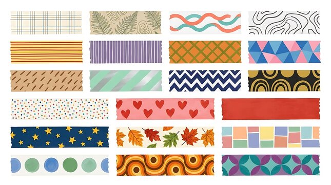 Decorative washi tape collection featuring various colorful patterns and artistic designs