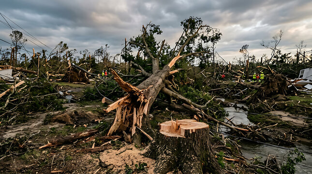 Fallen trees and broken branches after storm damage.